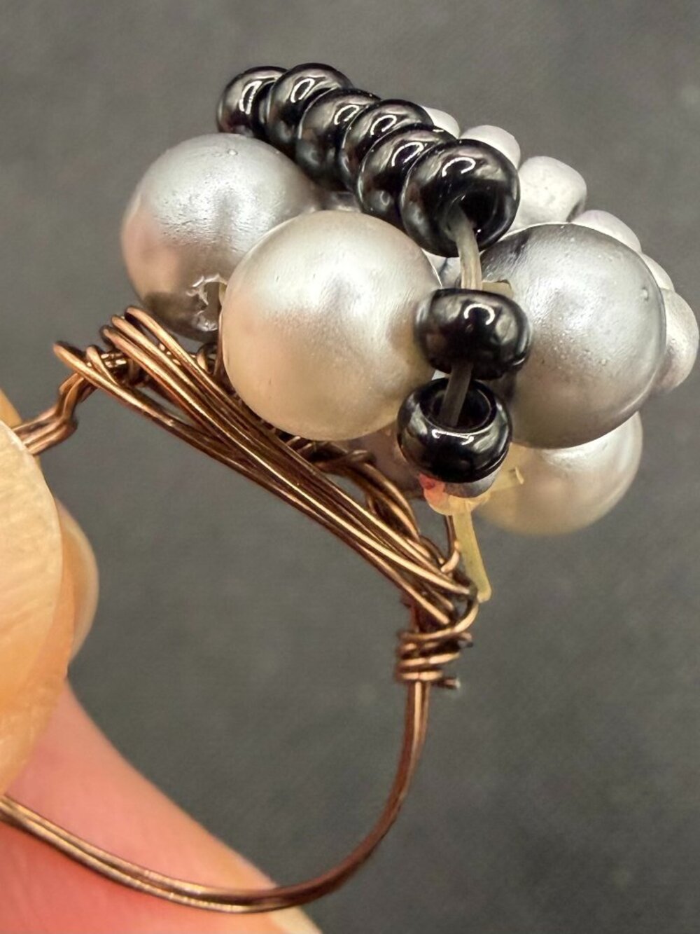 💍 Monochrome Silver Bead Cluster Wire Wrapped Ring: Handmade Statement Stacker